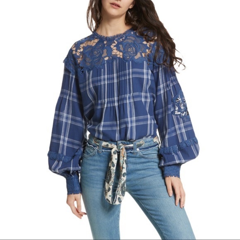 Free people blue darling Diana lace plaid shirt - Picture 1 of 6